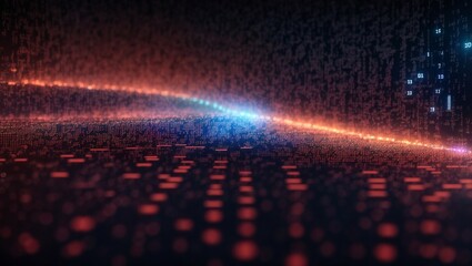 Poster - Digital Abstract:  A captivating abstract with glowing red and blue lines and a digital grid backdrop, evoking a sense of futuristic technology, data visualization, and connectivity. 
