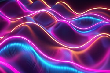 Poster - Abstract 3D render of neon light waves with dynamic movement and glowing colors , created ai