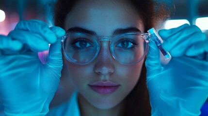 Poster - a woman wearing a lab coat and gloves is holding a test tube