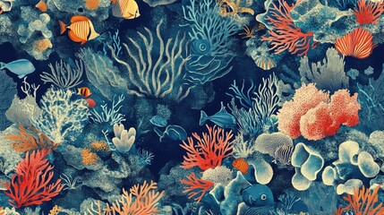 A repeating coral reef design, featuring detailed illustrations of underwater creatures and coral formations.