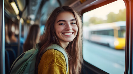 Poster - Portrait of a happy young student woman traveling by bus to go to college or work , taking public transport.