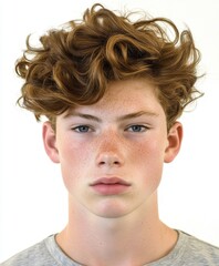 Wall Mural - Young person with curly hair against a plain background