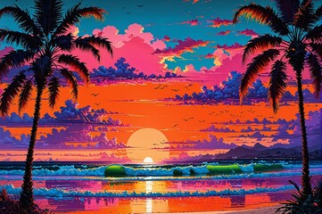 Wall Mural - A beautiful painting of a beach with palm trees and a sunset