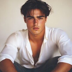 Canvas Print - Young man in casual white shirt sitting against a neutral backdrop