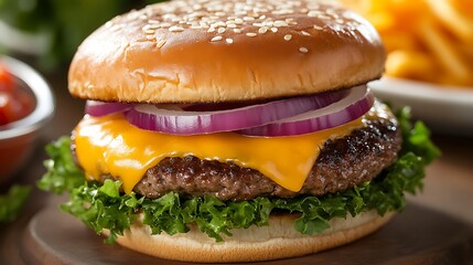 a cheeseburger with lettuce, red onion, and a sesame seed bun