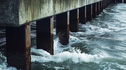 A seaside pier extending into the sea, with waves gently lapping against its supports