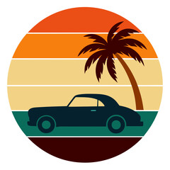 Sticker - Retro Striped Car Silhouette in Circle - Trendy Vintage T-Shirt Design