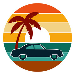 Sticker - Retro Striped Car Silhouette in Circle - Trendy Vintage T-Shirt Design