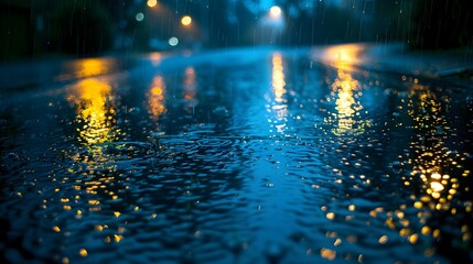 Canvas Print - Wet Pavement and Glowing Streetlights in Rainy Night City Landscape