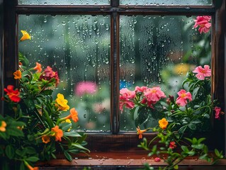 Poster - Rainy Window Overlooking a Blooming Garden with Fresh and Tranquil Scenery