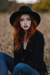 Poster - Casual fall fashion studio shoot featuring a model in a hat