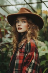 Wall Mural - Model in fall casual fashion poses in greenhouse during studio shoot