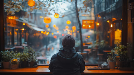 Poster - One person sitting alone in a cozy café, enjoying a peaceful moment