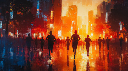 Wall Mural - Stylized abstract painting of runners in Tokyo's urban environment.