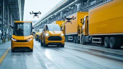 Futuristic car factory with selfdriving forklifts, drones, and automated logistics No humans visible, Created with Generative AI.