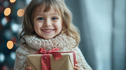 Wall Mural - little girl with gift box, child holding christmas gift, A child smiling while looking straight ahead, holding a gift box in their arms 