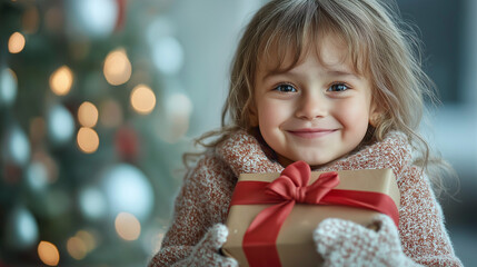 little girl with gift box, child holding christmas gift, A child smiling while looking straight ahead, holding a gift box in their arms 