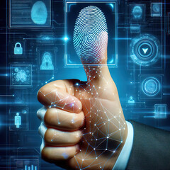 Poster - Man using thumb to scan finger print or for digital processing bio-metric identification to access security system includes internet banking, cloud system and Cyber security concept