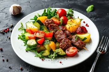 Wall Mural - Homemade beef salad with fresh vegetables on white plate