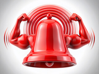 A red alarm bell icon with a flexed arm and muscle, surrounded by radiating pain lines, symbolizing muscle strain or injury alert.