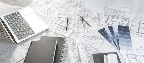 Wall Mural - Architects concept, engineer architect designer freelance work on start-up project drawing, construction plan. architect design working drawing sketch plans blueprints and making construction model