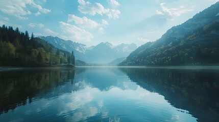 Canvas Print - A serene alpine lake with a reflection of the surrounding mountains.