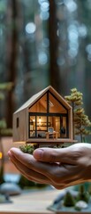 Tiny house in hand, new home concept, real estate, business investment, detailed and lifelike