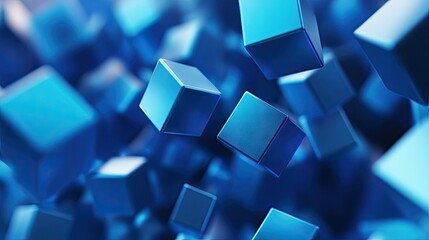 Poster - 3D abstract cubes in various sizes and shades of blue, floating in space.