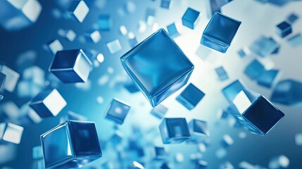 Poster - 3D abstract cubes in various sizes and shades of blue, floating in space.