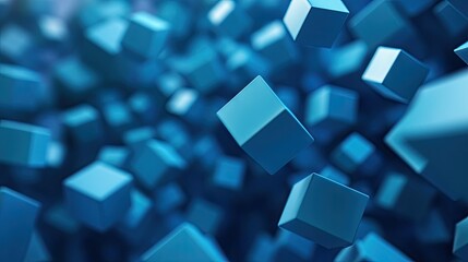 Poster - 3D abstract cubes in various sizes and shades of blue, floating in space.