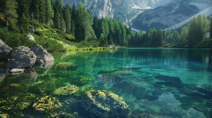 Wall Mural - A serene alpine lake with crystal-clear water.