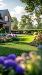 Poster - A house with a large yard and a garden with flowers
