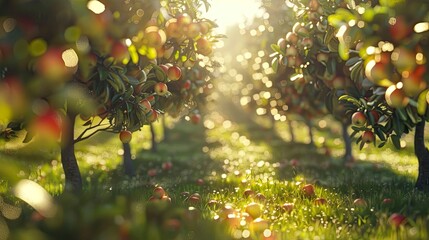 Sticker - A serene apple orchard with trees laden with ripe apples.