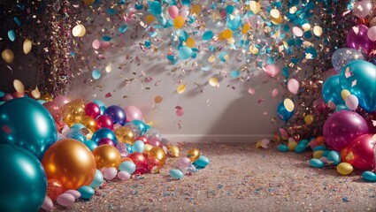 Poster - Confetti Celebration: A vibrant backdrop for any festive occasion. Balloons and confetti cascade in a symphony of colors, creating a playful and celebratory atmosphere.  