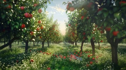 Sticker - A serene apple orchard with trees laden with ripe apples.