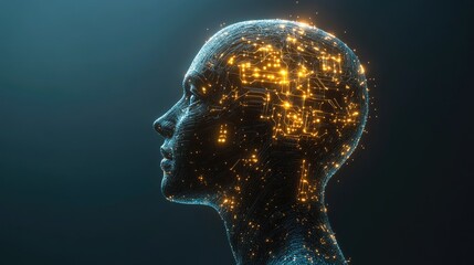 Poster - 3D render of a human head with glowing AI circuitry, representing the fusion of artificial intelligence and human consciousness in digital transformation.
