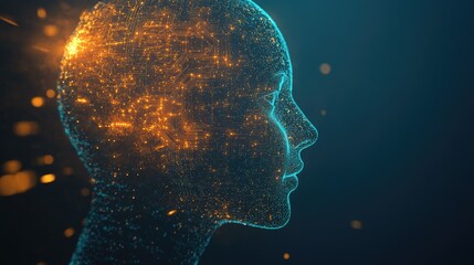Poster - 3D render of a human head with glowing AI circuitry, representing the fusion of artificial intelligence and human consciousness in digital transformation.
