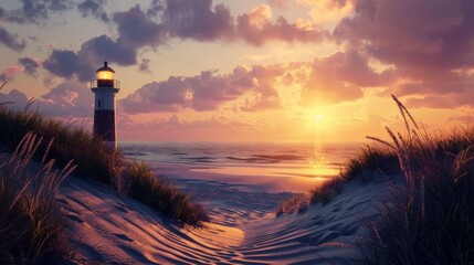 Wall Mural - A serene lighthouse standing on the beach at sunset, surrounded by soft sand dunes and tall grasses, casting warm light over the tranquil ocean