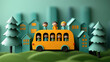 © LarisaM - Lively and colorful orange school bus with kids on a city background, the excitement and anticipation of the school season, perfect for educational materials and creative projects.