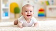 © Viam - Joyful baby playing on soft carpet in nursery room