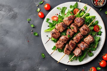 Wall Mural - Grilled kebab skewers on fresh salad backdrop