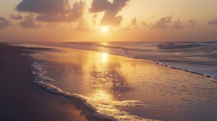 Poster - A serene beach at sunrise with soft golden light.