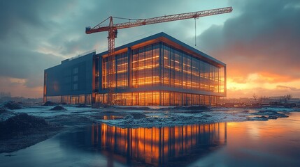 Poster - A large building with a crane in the background