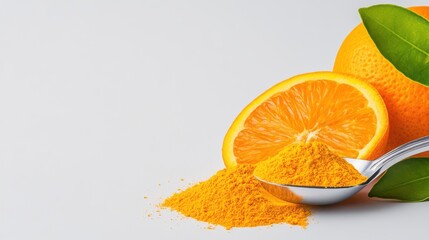 Close-up of a spoonful of vitamin C powder, immune boost, bright white background