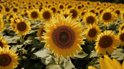 Poster - A close-up top view of a sunflower field in full bloom on a sunny day.