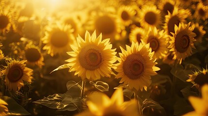 Poster - A close-up top view of a sunflower field in full bloom on a sunny day.