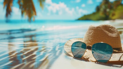 concept vacation and summer travel banner. Happy holidays on sandy tropical sea beach. Panama hat and sunglasses with a reflection of the sandy trovic beach and palm trees