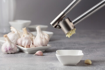 Poster - Squeeze the garlic with a garlic press.