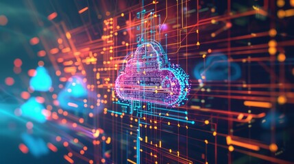 Abstract digital depictions of cloud technology engineering serve as visual metaphors for the interconnected web of data flows and computational processes