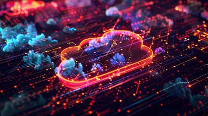Abstract digital depictions of cloud technology engineering serve as visual metaphors for the interconnected web of data flows and computational processes